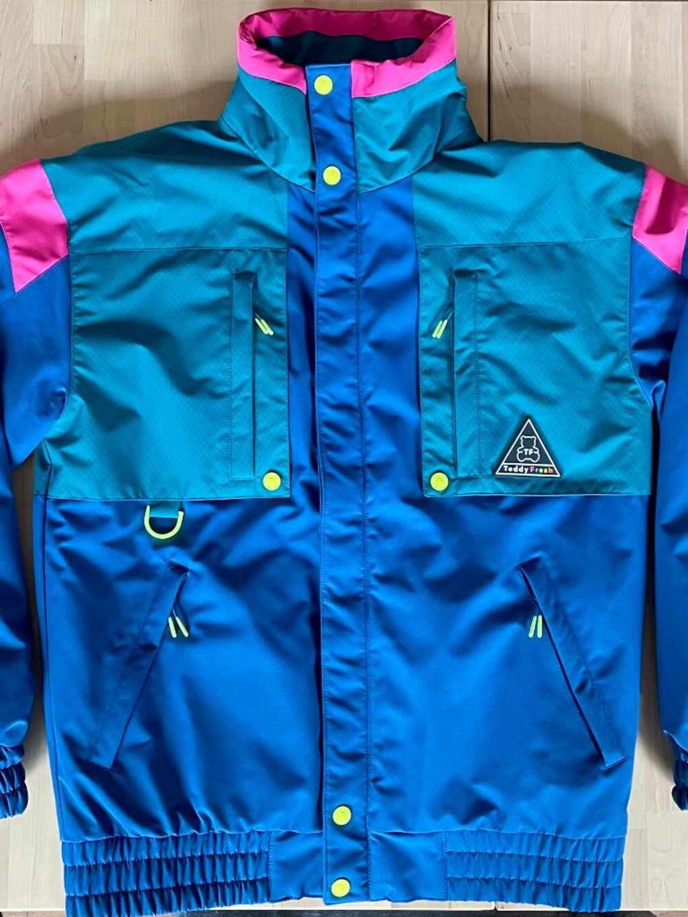 Teddy Fresh Unisex Blue Teal Yellow Pink Ski Jacket with Pockets size Small